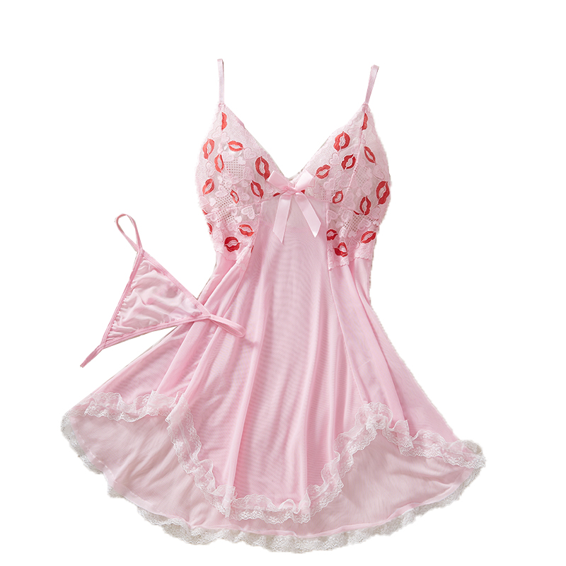 Sheer Bra Lace - Transparent Pink Dress Sleepwear Pijamas Sexy