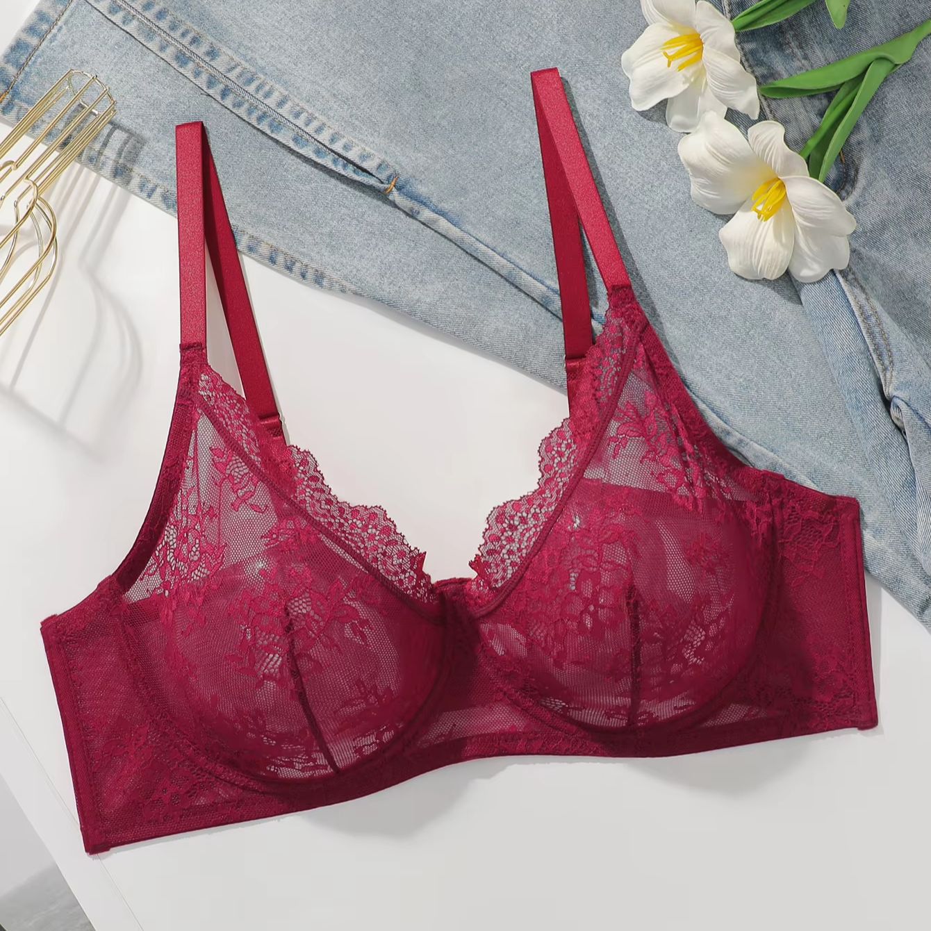Women Plus Size Red Lace Sheer - Sheer Bra Lace 评论和价格