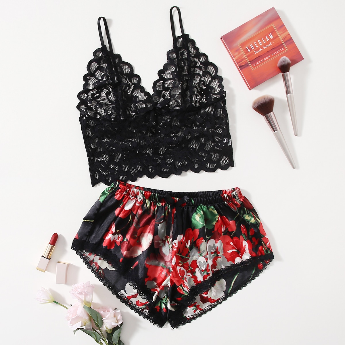 Floral Lace Pajama Set for Wom - Lace Bralette Set 评论和价格